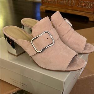 Marc Fisher Blush Suede Mules with Silver Buckle